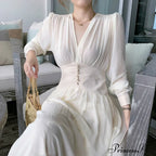 Gown Midi Elegant Arm Long Solid V-Neck for Women image 1