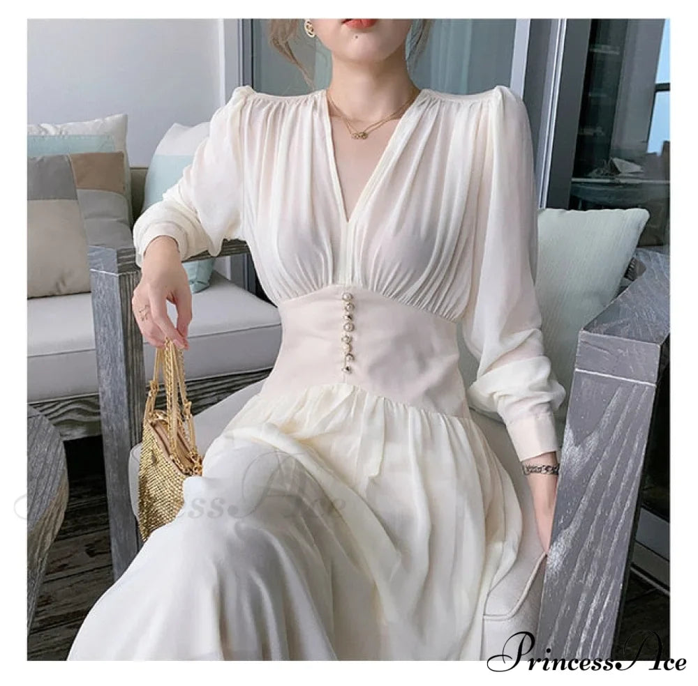 Gown Midi Elegant Arm Long Solid V-Neck for Women image 2