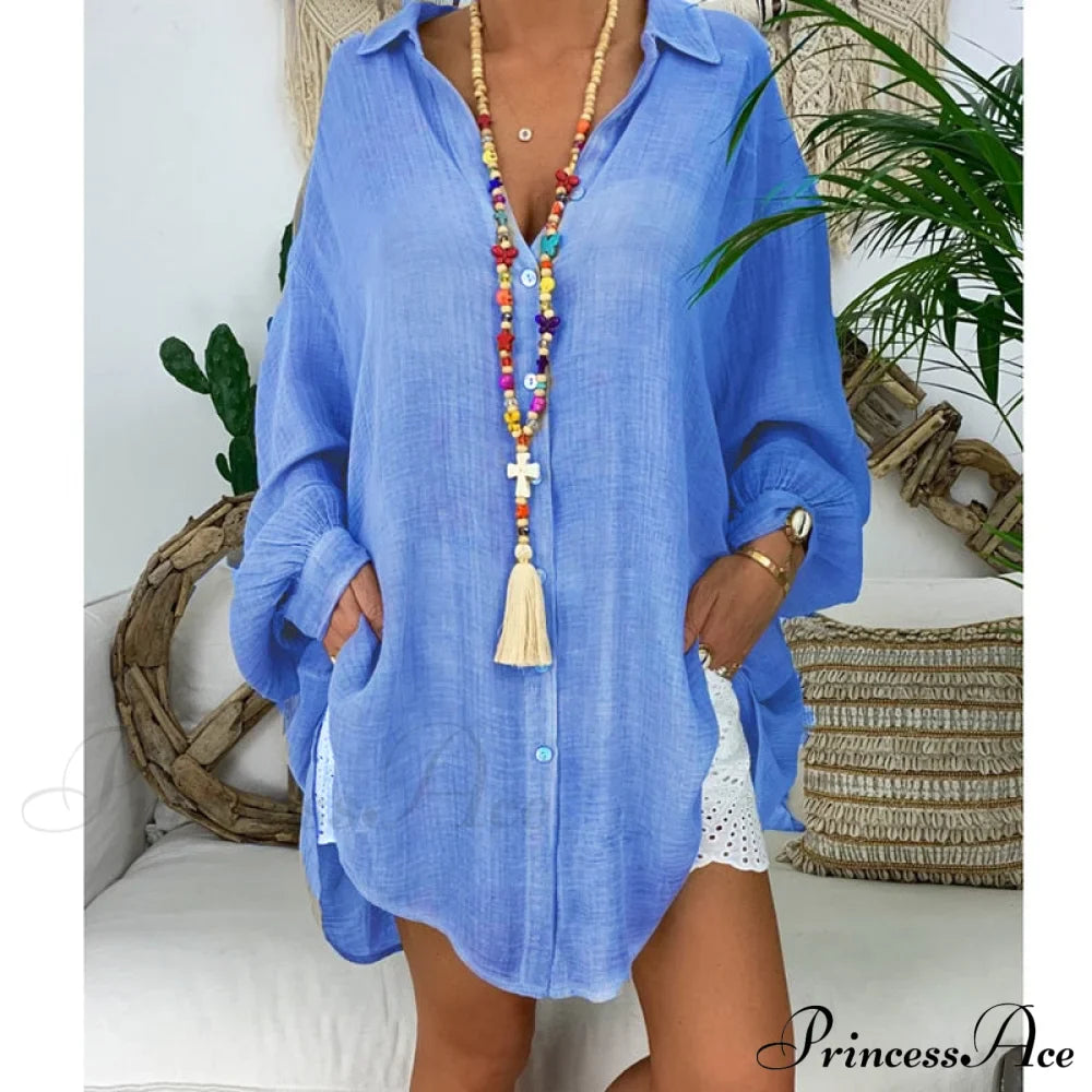 Gown Office Robe Linen Lapel Lady Long Vestidos Blouse Cotton Tunic Casual Women Solid Work Blouses Shirts Femme image 9