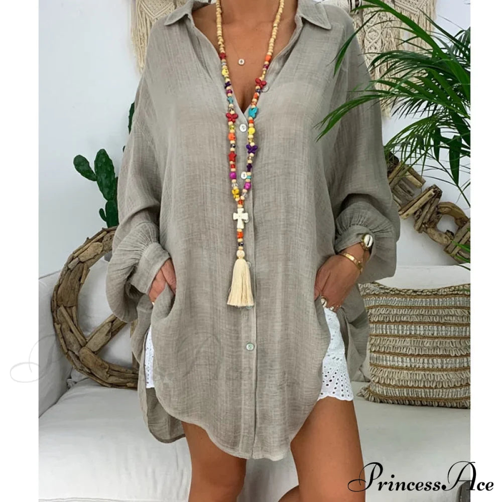 Gown Office Robe Linen Lapel Lady Long Vestidos Blouse Cotton Tunic Casual Women Solid Work Blouses Shirts Femme image 7