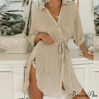 Gown Office Robe Linen Lapel Lady Long Vestidos Blouse Cotton Tunic Casual Women Solid Work Blouses Shirts Femme image 4