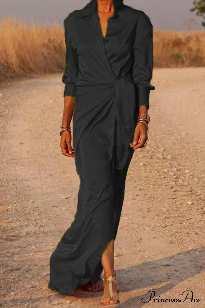 Gown Patchwork Blouse Bandage with Turndown Casual Solid Collar image 1