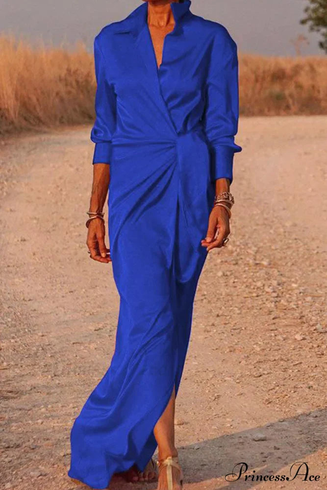 Gown Patchwork Blouse Bandage with Turndown Casual Solid Collar image 4