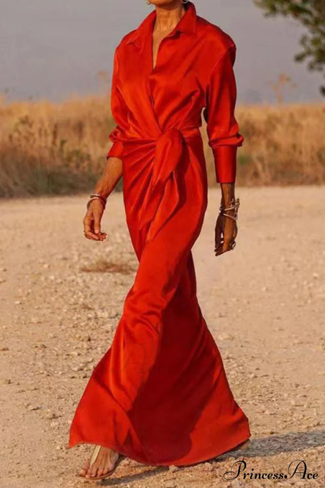 Gown Patchwork Blouse Bandage with Turndown Casual Solid Collar image 3