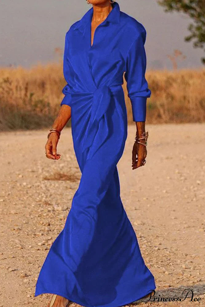 Gown Patchwork Blouse Bandage with Turndown Casual Solid Collar image 5