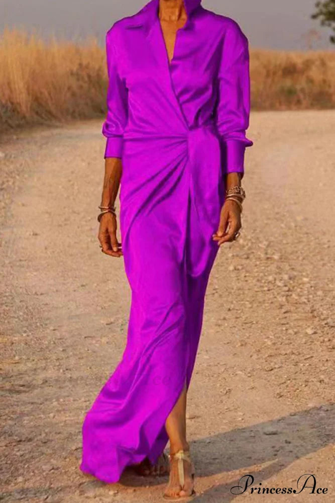 Gown Patchwork Blouse Bandage with Turndown Casual Solid Collar image 6