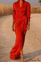 Gown Patchwork Blouse Bandage with Turndown Casual Solid Collar image 2