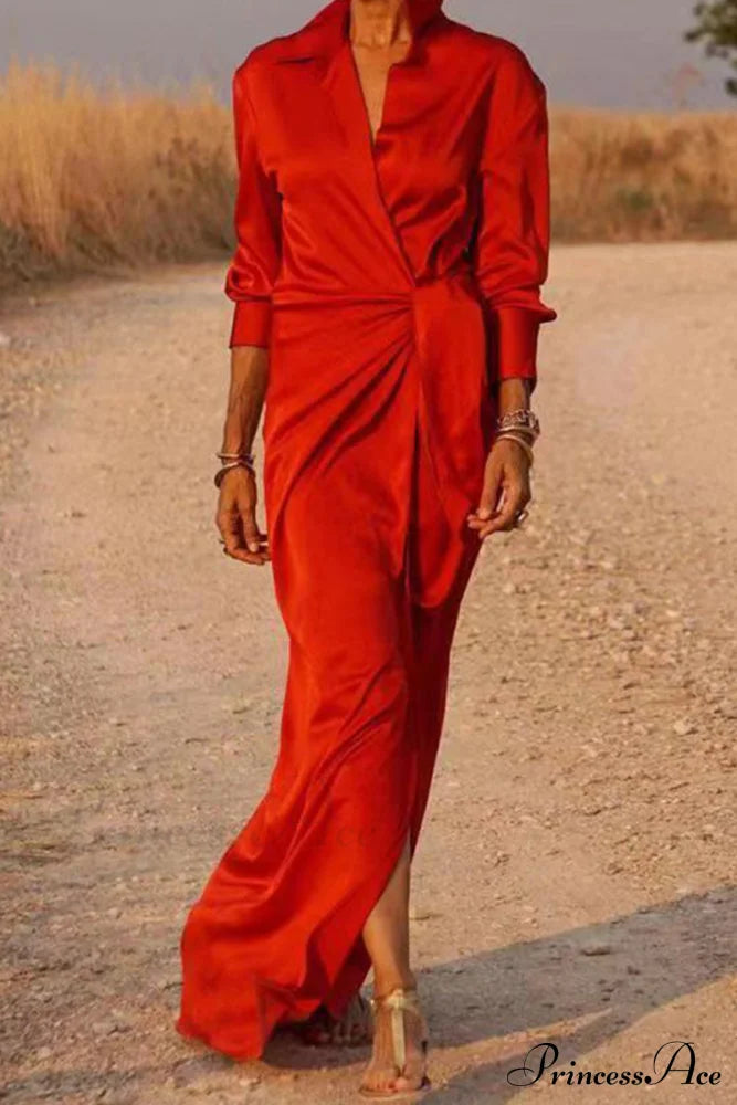 Gown Patchwork Blouse Bandage with Turndown Casual Solid Collar image 2