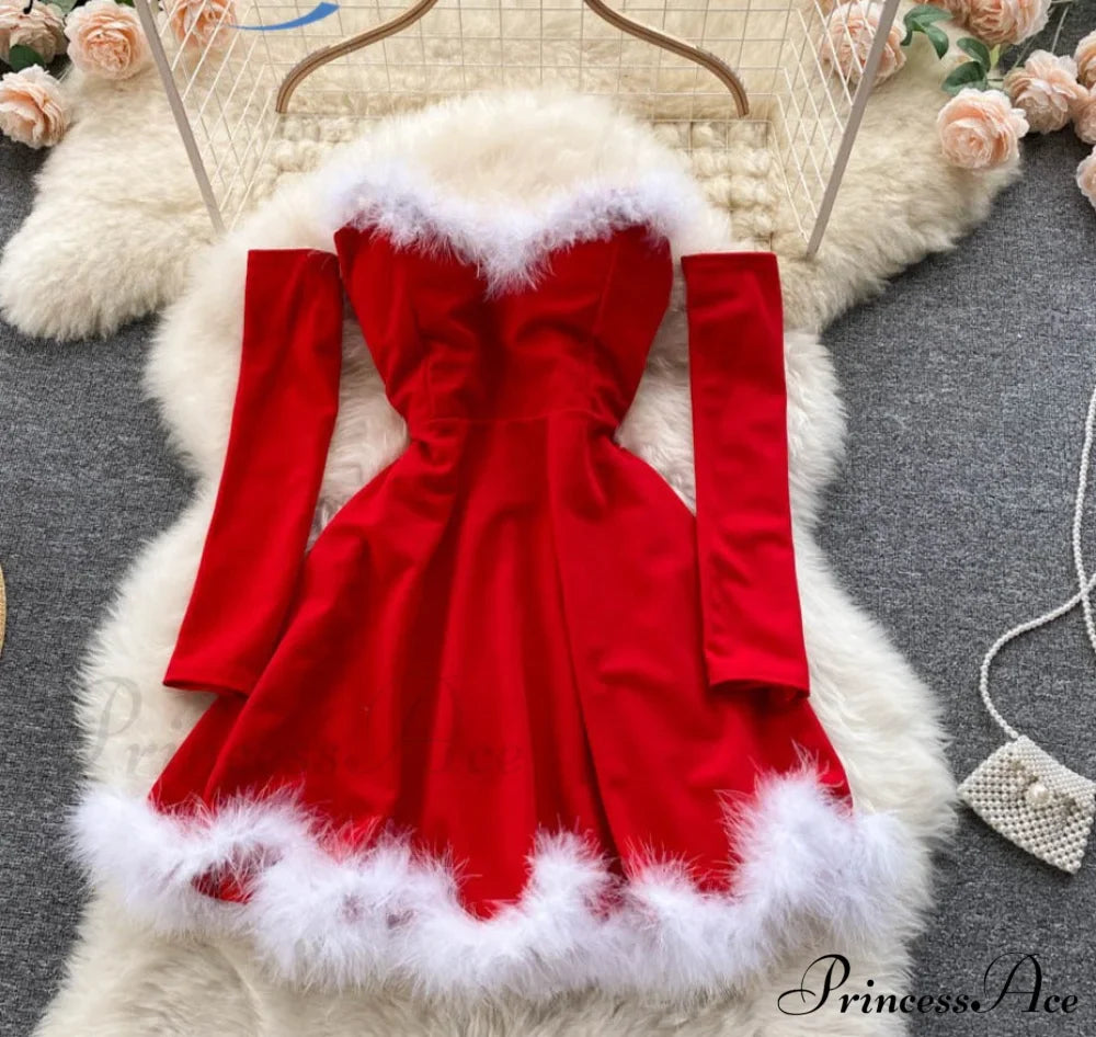 Gown Red for Backless Furry Strapless Elegant - Women Party New Year/Christmas/Femme image 1