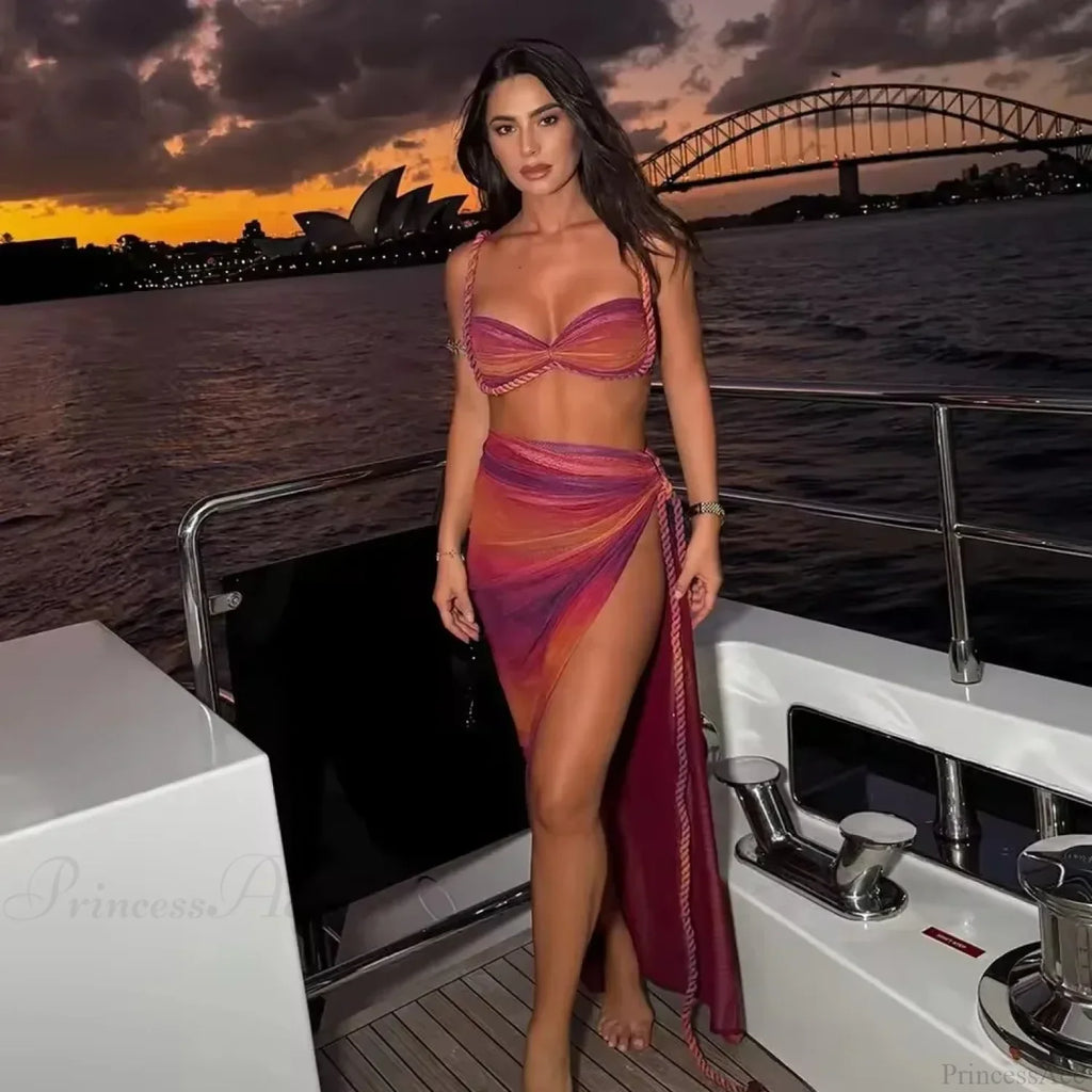 Gradient Bikini Set with Long Skirt Three Piece Swimsuit image 3