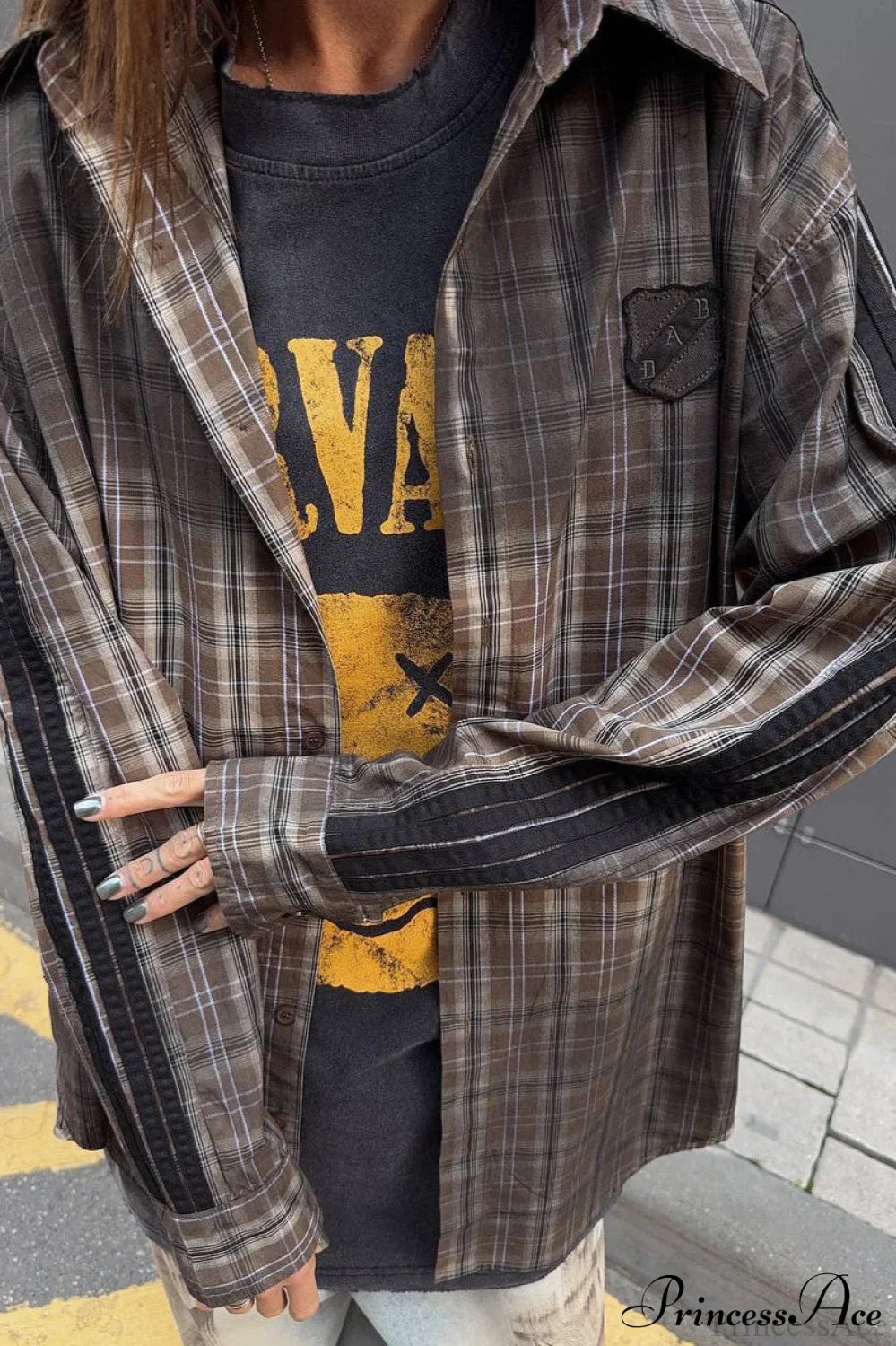 Gradient Plaid Patch Letter Loose Blouse image 2