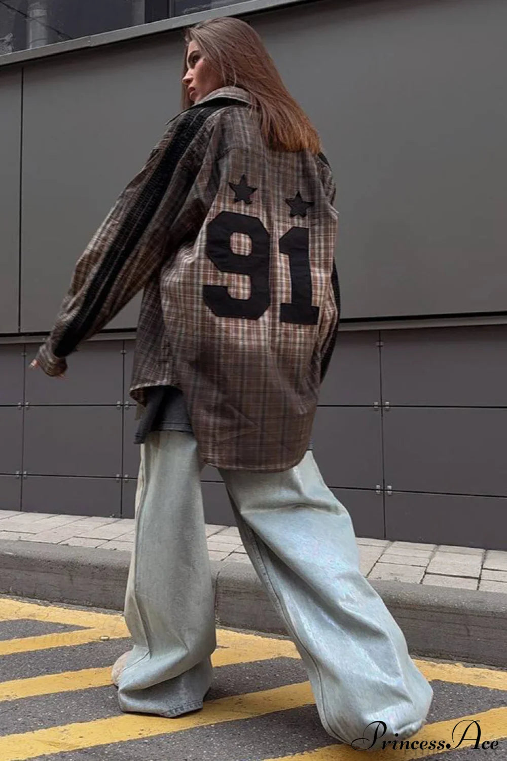 Gradient Plaid Patch Letter Loose Blouse image 3