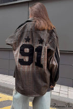 Gradient Plaid Patch Letter Loose Blouse image 1