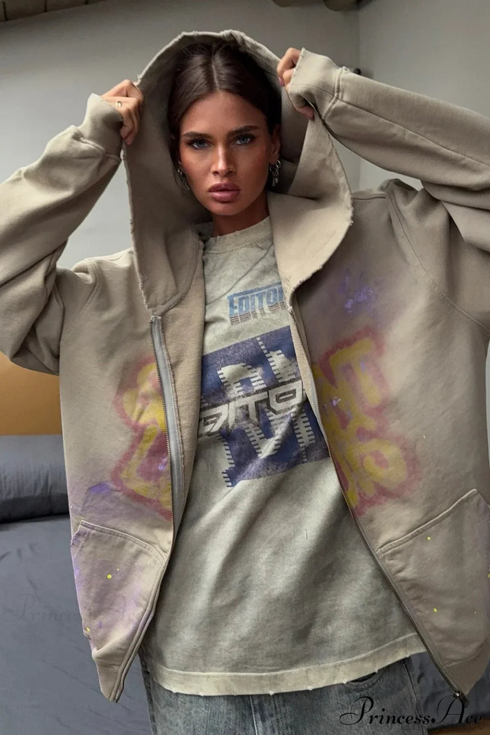 Graffiti Vintage Loose Zip Hoodie image 2