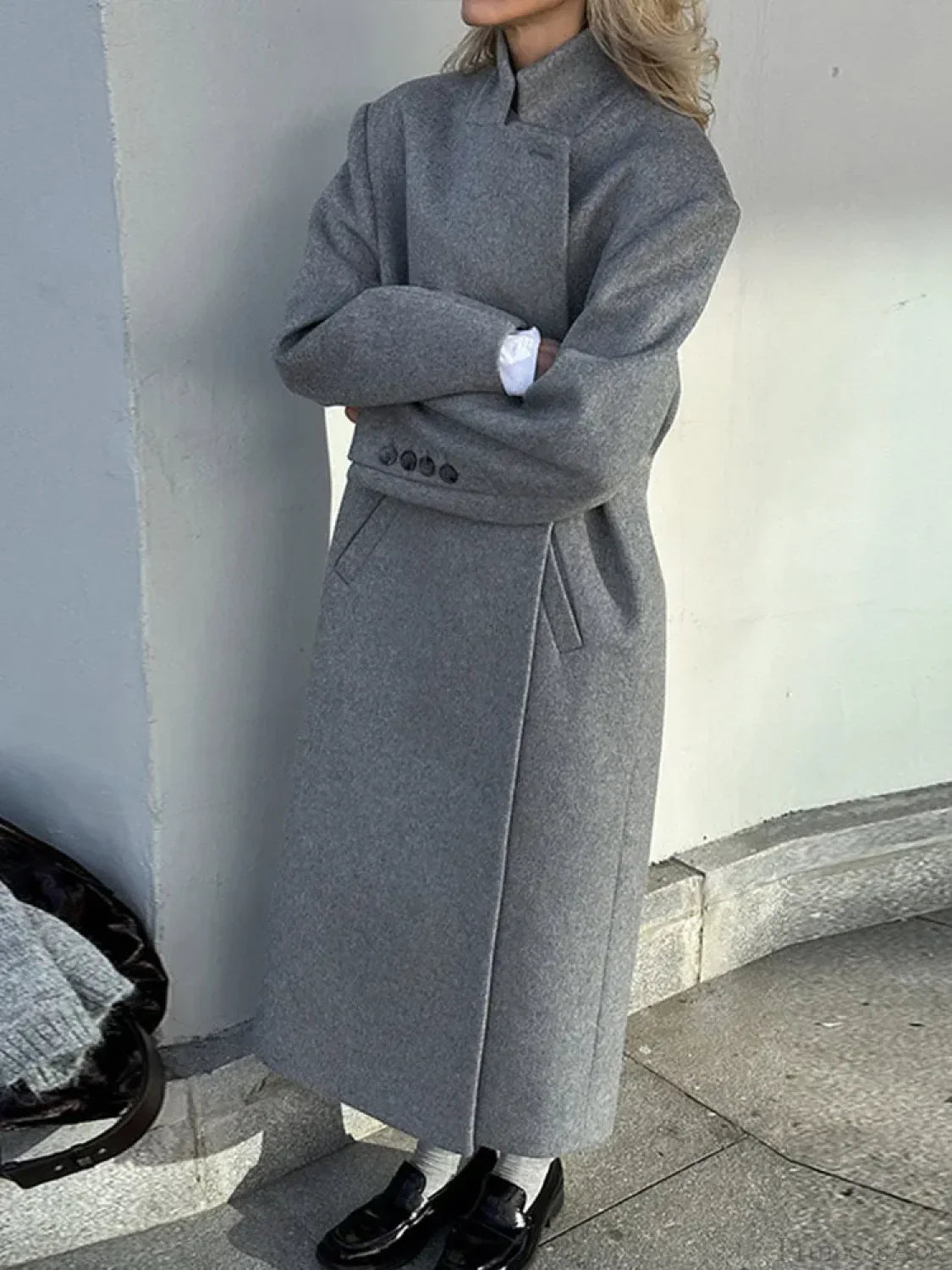 Gray Casual Wool Notched Button Up Overcoat image 2
