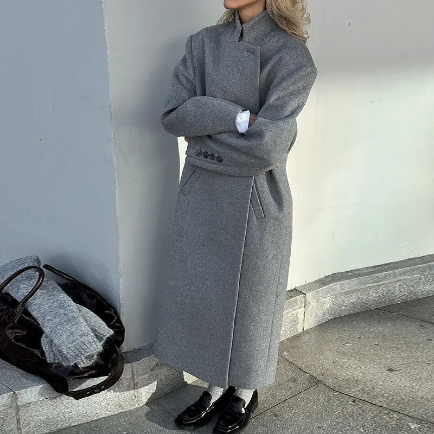 Gray Casual Wool Notched Button Up Overcoat image 10