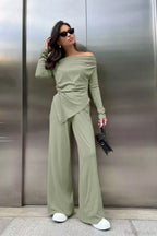 Gray Knit Off-the-Shoulder High Waist Wide Leg Two Piece Set image 7
