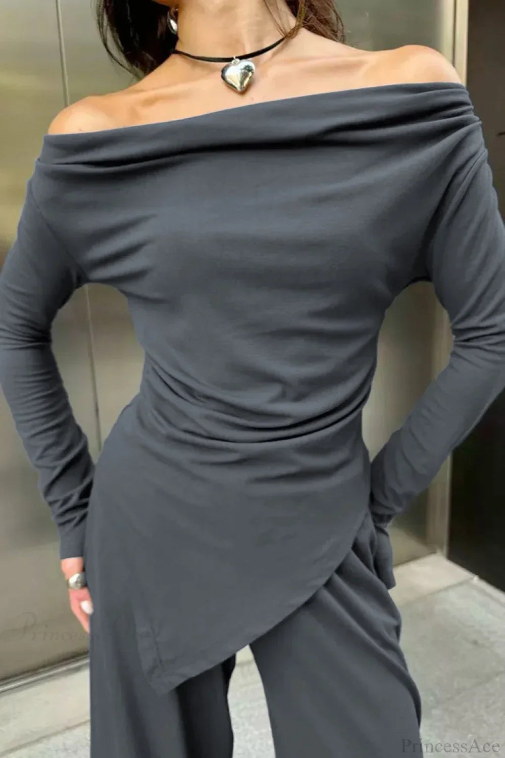 Gray Knit Off-the-Shoulder High Waist Wide Leg Two Piece Set image 4