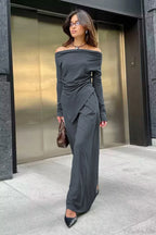 Gray Knit Off-the-Shoulder High Waist Wide Leg Two Piece Set image 2