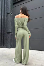 Gray Knit Off-the-Shoulder High Waist Wide Leg Two Piece Set image 8