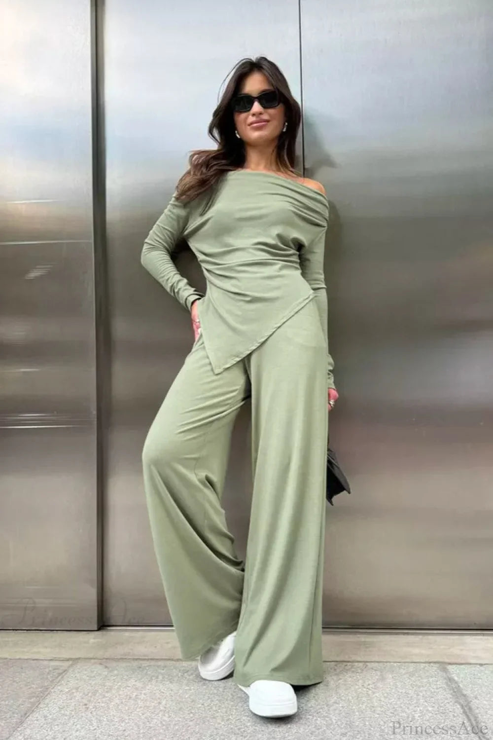 Gray Knit Off-the-Shoulder High Waist Wide Leg Two Piece Set image 6