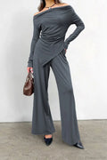 Gray Knit Off-the-Shoulder High Waist Wide Leg Two Piece Set image 1