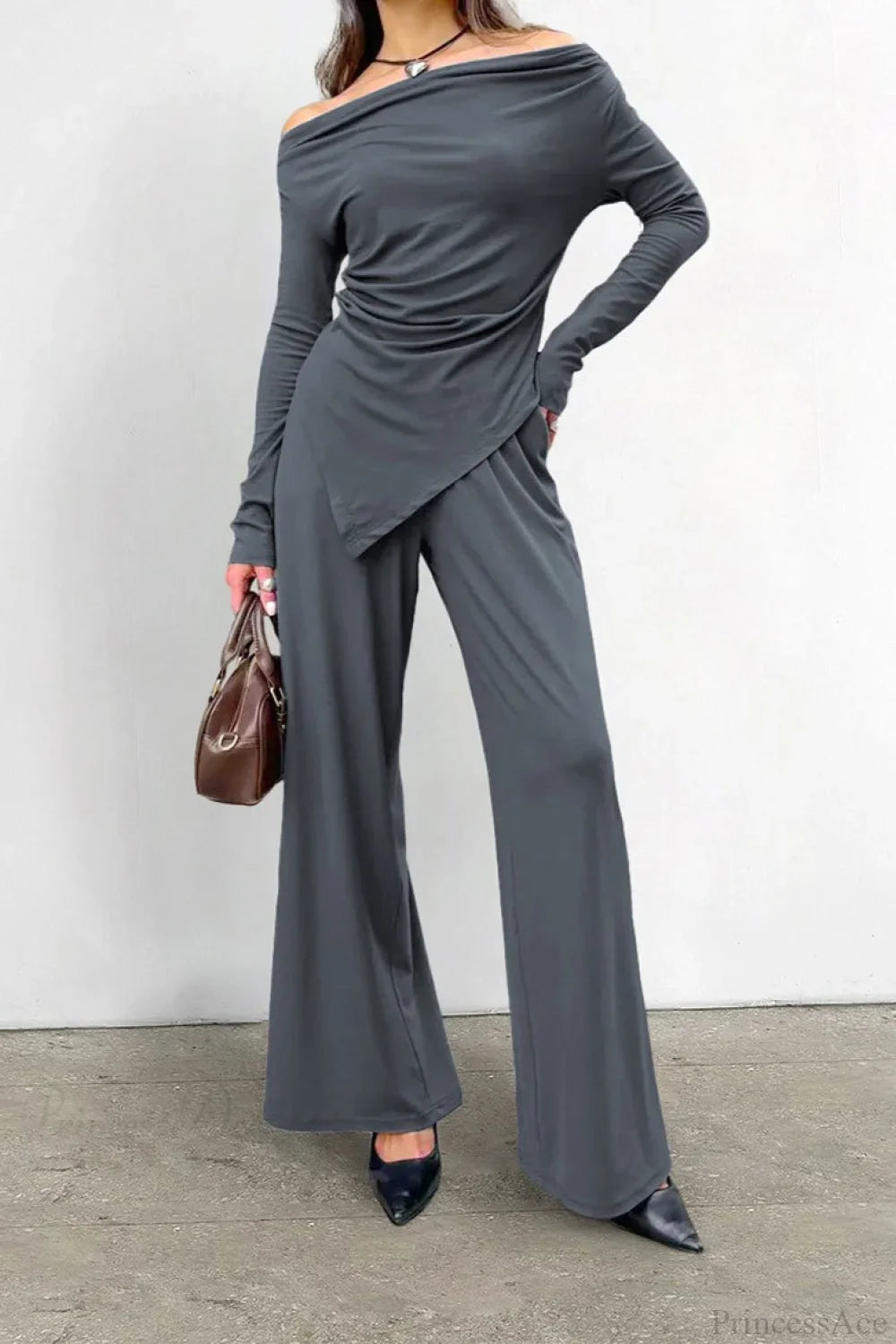 Gray Knit Off-the-Shoulder High Waist Wide Leg Two Piece Set image 1
