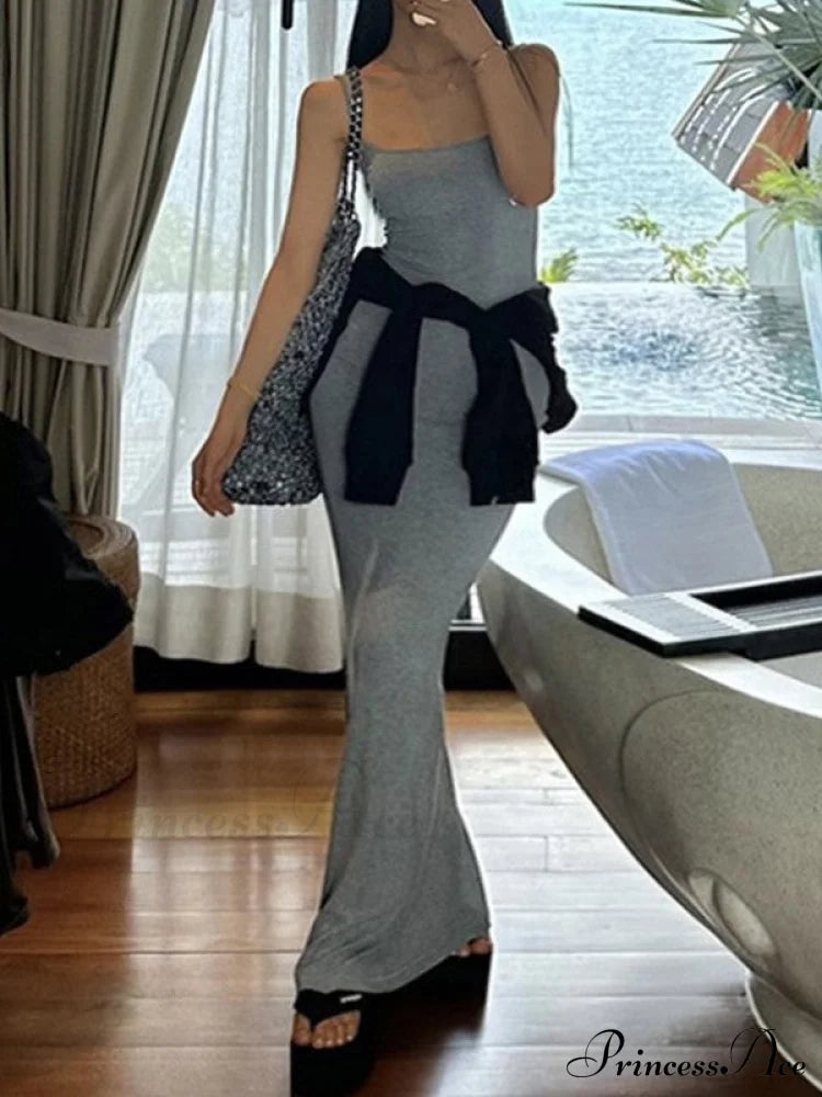 Gray Pointelle Graceful Knit Maxi Dress image 3