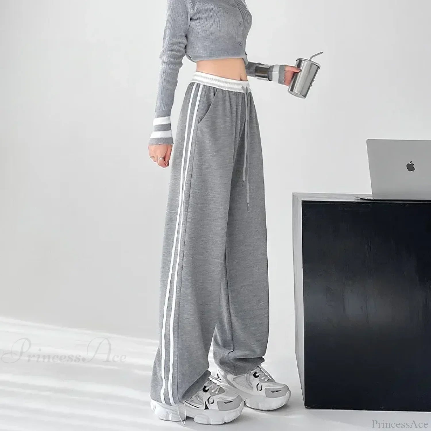 Gray Striped Casual Sweatpants Pants image 1