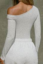 Gray Twist Asymmetric Neck Ruched Fitted Long Sleeve Tee image 2