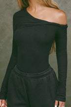 Gray Twist Asymmetric Neck Ruched Fitted Long Sleeve Tee image 3