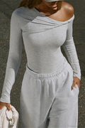 Gray Twist Asymmetric Neck Ruched Fitted Long Sleeve Tee image 1