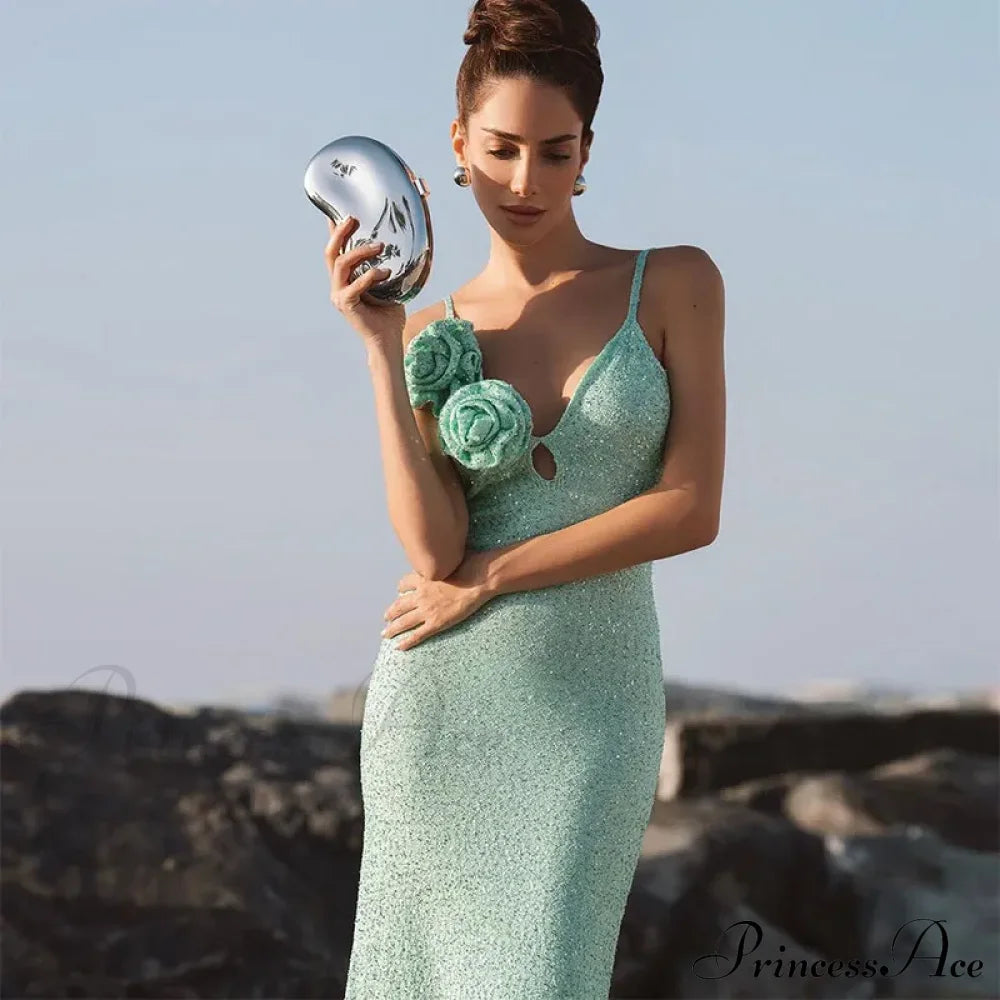 Green 3D Flower Charming Sequin Cami Maxi Dress image 4
