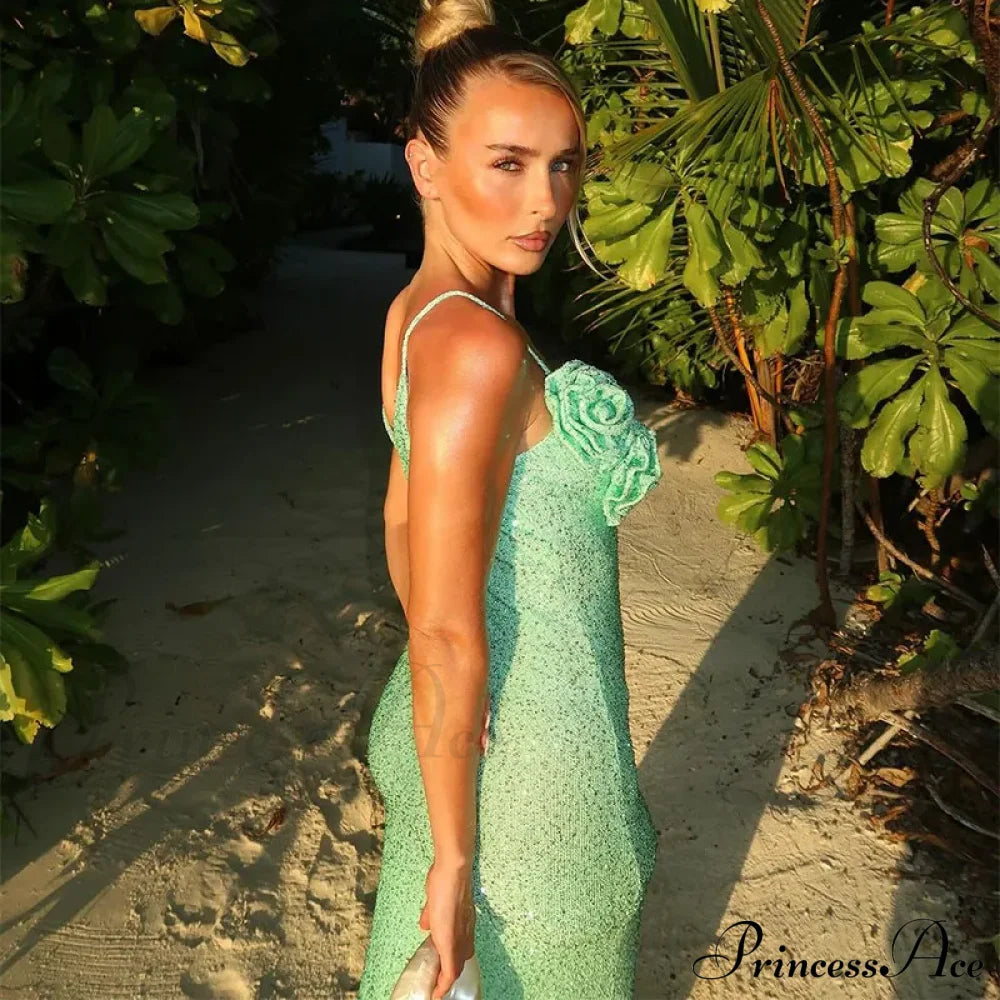 Green 3D Flower Charming Sequin Cami Maxi Dress image 13