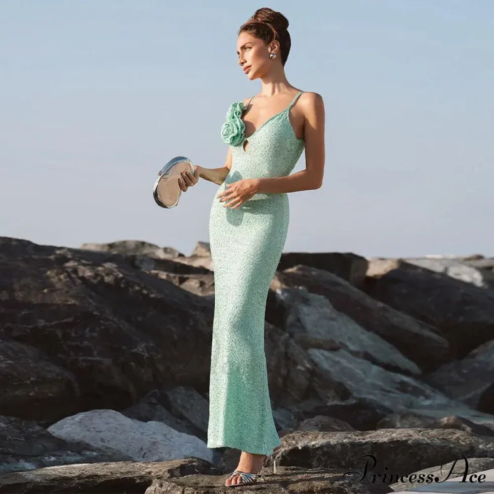 Green 3D Flower Charming Sequin Cami Maxi Dress image 9