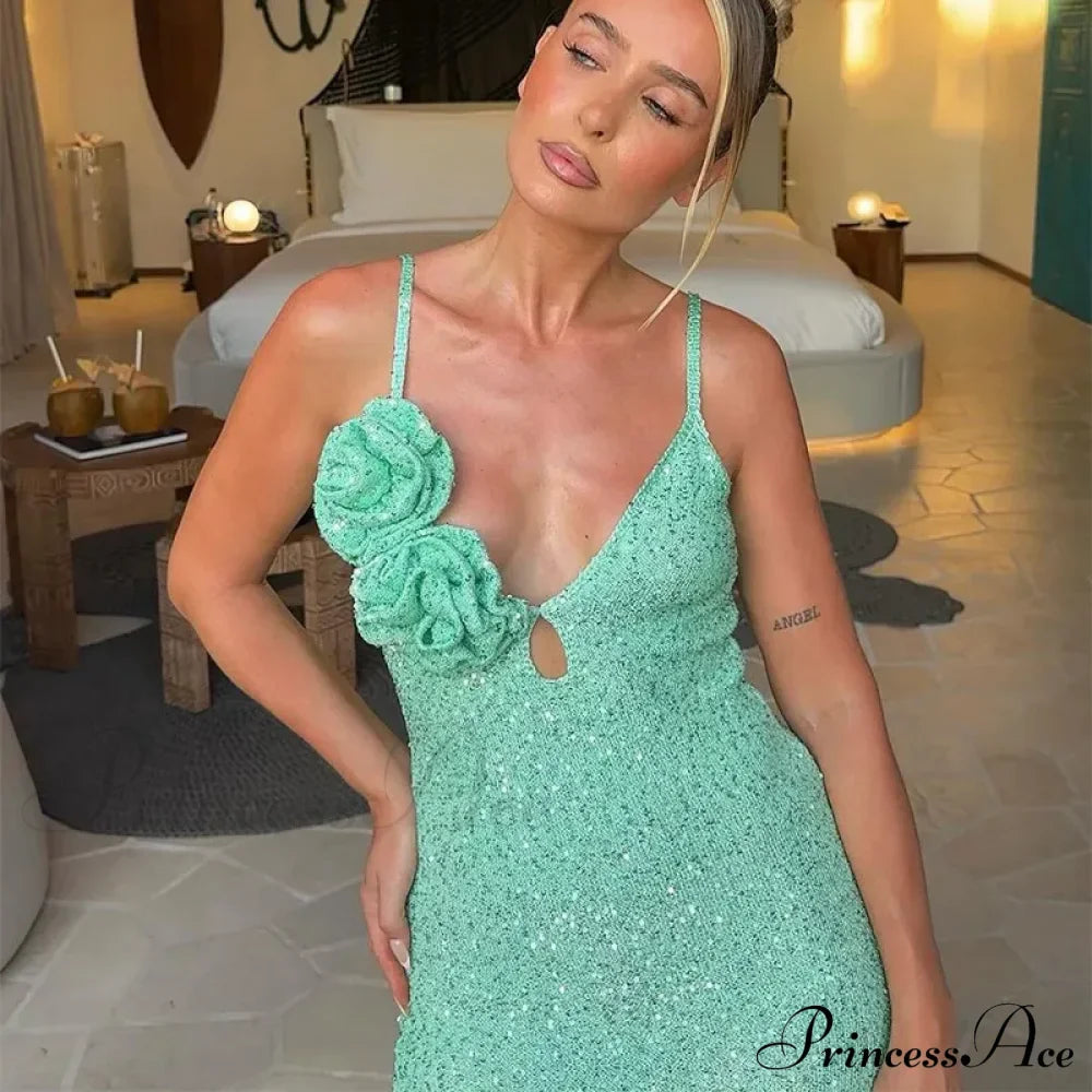 Green 3D Flower Charming Sequin Cami Maxi Dress image 6