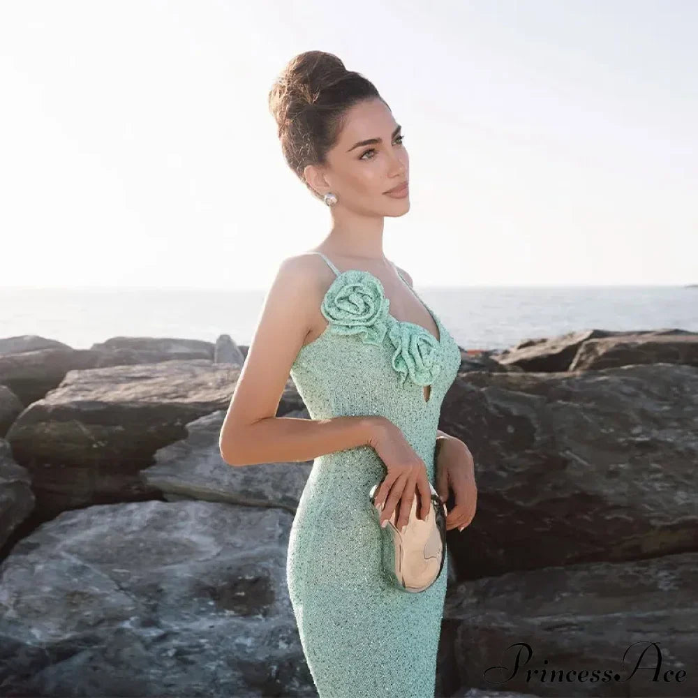 Green 3D Flower Charming Sequin Cami Maxi Dress image 3
