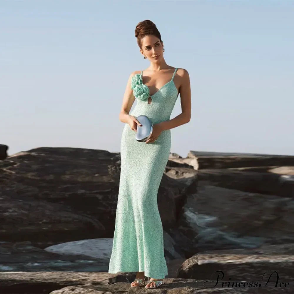 Green 3D Flower Charming Sequin Cami Maxi Dress image 11