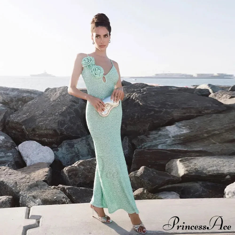 Green 3D Flower Charming Sequin Cami Maxi Dress image 8