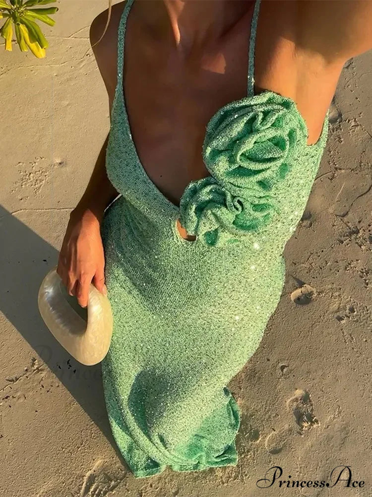 Green 3D Flower Charming Sequin Cami Maxi Dress image 1