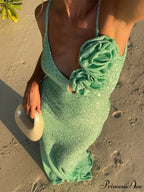 Green 3D Flower Charming Sequin Cami Maxi Dress image 1
