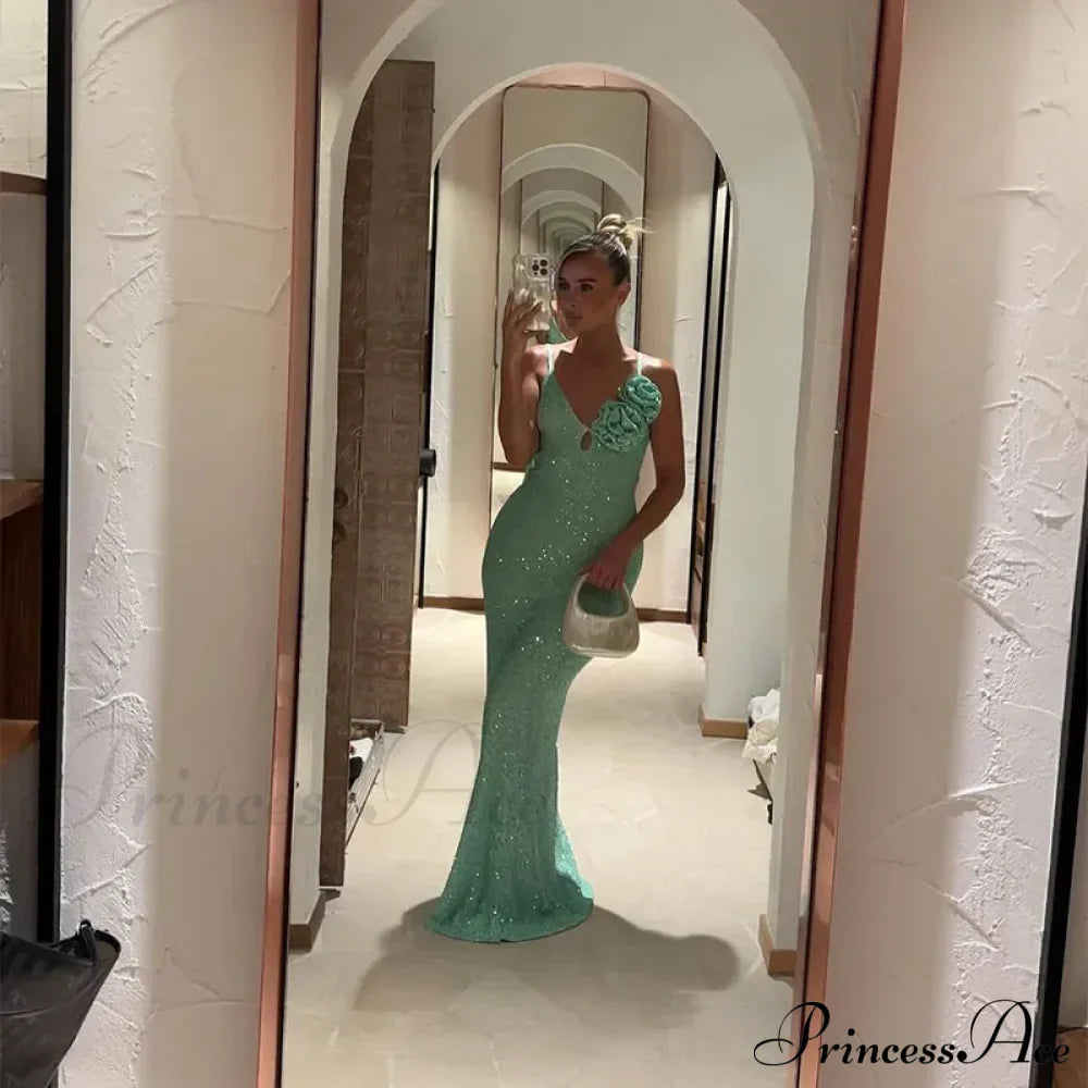 Green 3D Flower Charming Sequin Cami Maxi Dress image 12