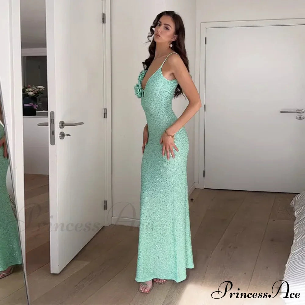 Green 3D Flower Charming Sequin Cami Maxi Dress image 14