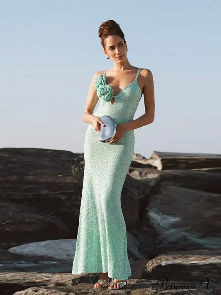 Green 3D Flower Charming Sequin Cami Maxi Dress image 10