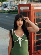 Green Contrast Seam Charming V-neck Knit Mini Dress image 3