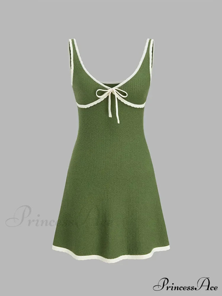 Green Contrast Seam Charming V-neck Knit Mini Dress image 6