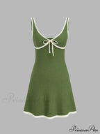 Green Contrast Seam Charming V-neck Knit Mini Dress image 6