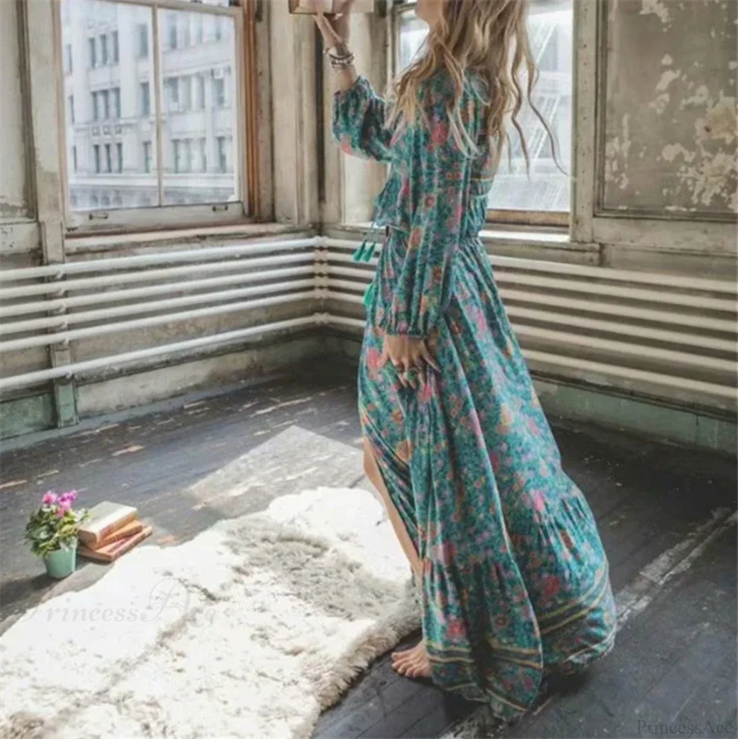 Green Floral Print Tassel Rayon Cotton Beach Maxi Boho Dress image 2