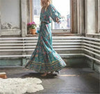 Green Floral Print Tassel Rayon Cotton Beach Maxi Boho Dress image 3