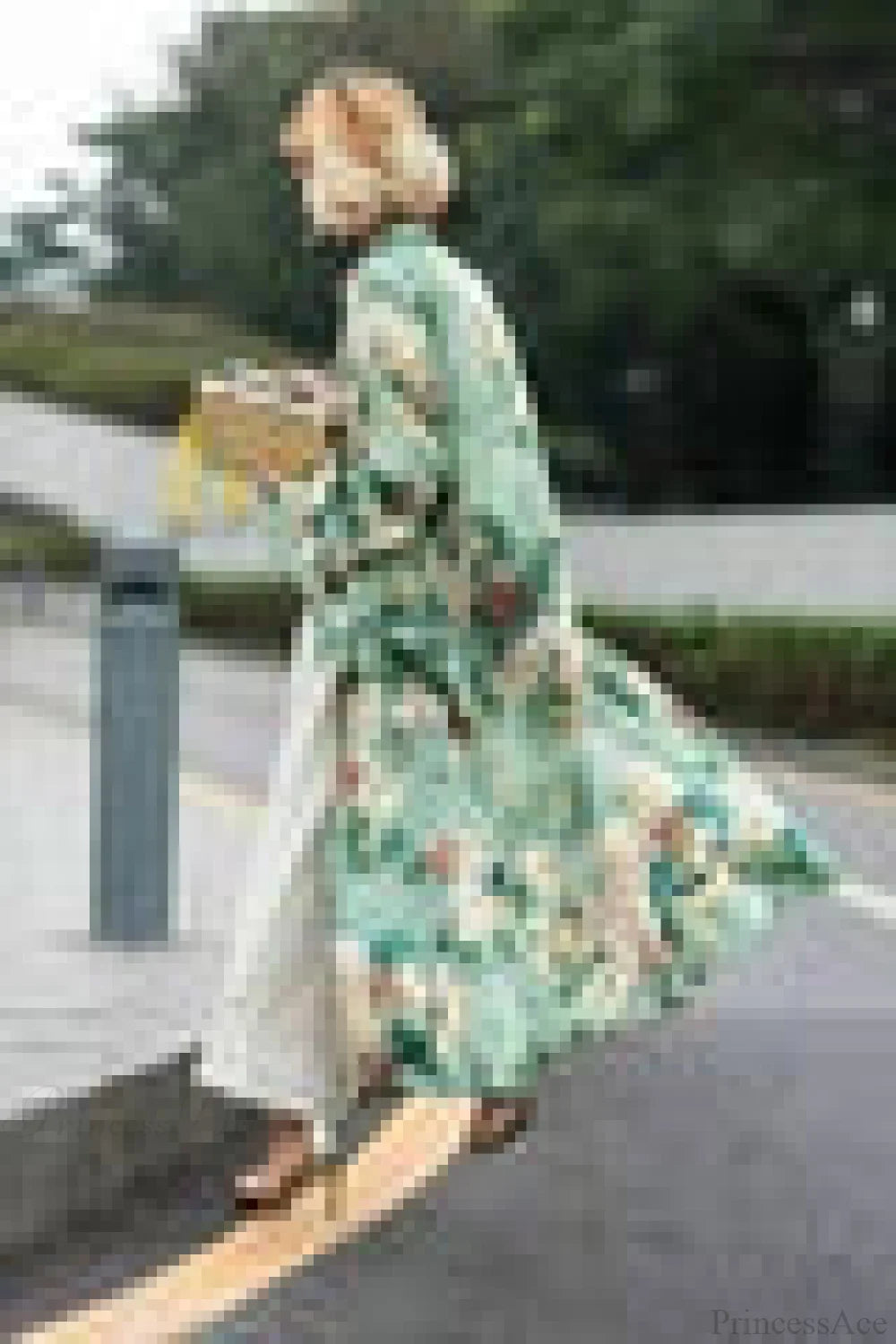 Green Floral Satin Kimono Kaftan Boho Bikini Cover up image 1
